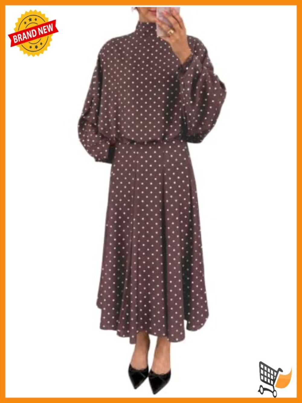 Wenrine Women's 2 Piece Polka Dot Skirt Set Long Sleeve Tie Neck Maxi